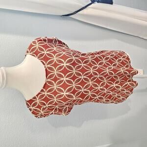 Sigrid Olsen 100% Linen Button-Back Top Burnt Orange White Geometric Print M